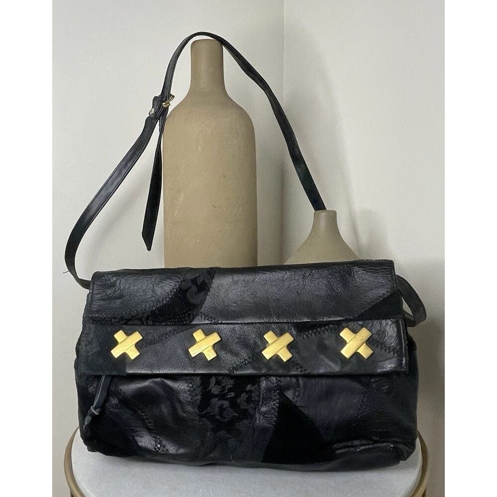VTG Black Patchwork Boho Leather Suede 80s Shoulder Crossbody Bag Glam Studio 54